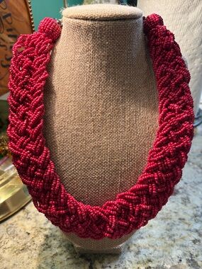 Red Hand-Braided Seed Bead Necklace - Women Jewelry